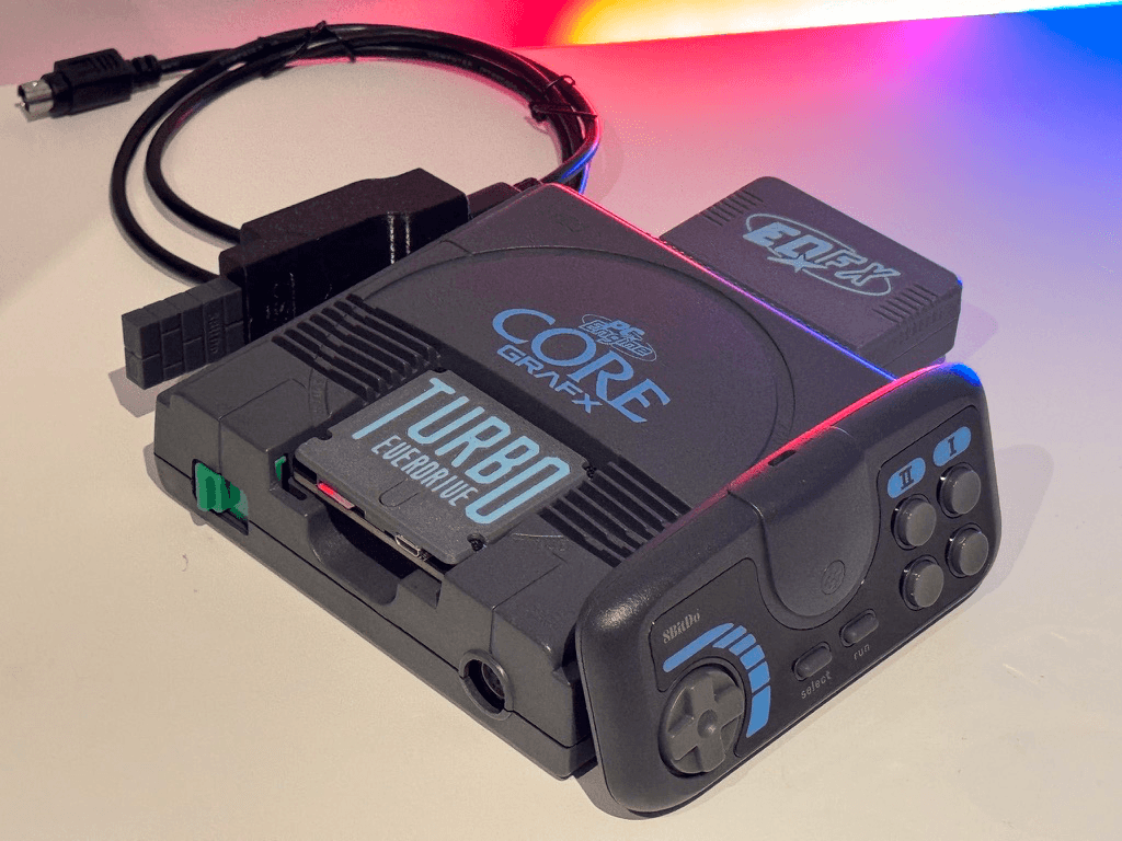 Joypad USB2PCE adapter with a PC Engine CoreGrafx and 8BitDo controller